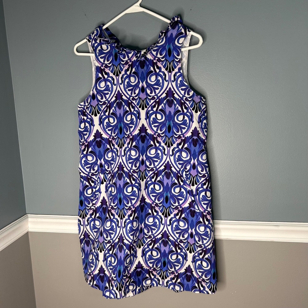Tyler Boe Women Blue Purple Damask Linen Cotton Ruffle Neck Shift Dress Small
